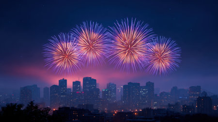 Stunning fireworks burst over a city skyline at night, casting colorful reflections and creating a magical atmosphere for celebrations and events.の素材