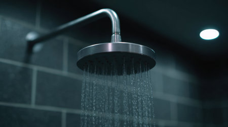 This image features a sleek modern showerhead with water cascading down, encapsulating a serene bathroom atmosphere ideal for relaxation and rejuvenation.の素材