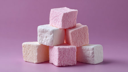 A delightful arrangement of soft and fluffy marshmallow cubes in pastel pink and white colors against a smooth pink background, ideal for dessert presentations.の素材