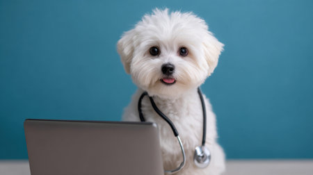 A charming small white puppy with a stethoscope sits next to a laptop, symbolizing pet care and veterinary professionalism in a modern setting.の素材