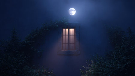 A captivating nighttime scene featuring a glowing window framed by mist and foliage under a full moon. The atmosphere evokes mystery and tranquility.の素材