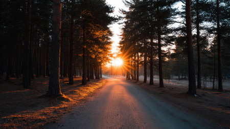 A tranquil forest road illuminated by the soft light of a sunrise, surrounded by tall pine trees, creating a serene and picturesque natural scene.の素材