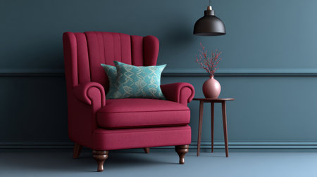 A cozy red armchair adorned with an accent pillow, paired with a stylish lamp and decorative vase, enhances the modern interior with inviting charm.の素材