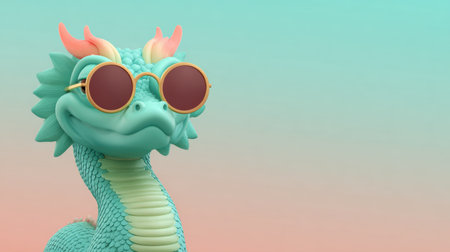 This delightful cartoon dragon character, sporting stylish sunglasses, is set against a dreamy pastel gradient background, perfect for playful designs.の素材