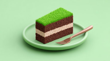A visually striking dessert slice featuring layers of chocolate and cream topped with green grass, served on a minimalist plate with a fork, inviting delight.の素材