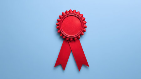This image features a vibrant red award ribbon with a circular center displayed on a soft blue background. Ideal for themes of celebration and recognition.の素材