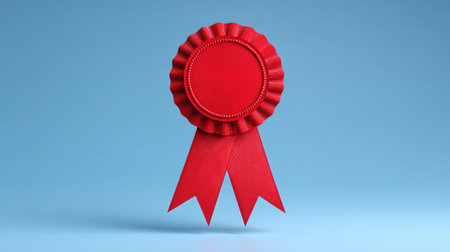 This vibrant red award ribbon features a circular center, making it perfect for representing achievements and recognition in various celebratory contexts.の素材