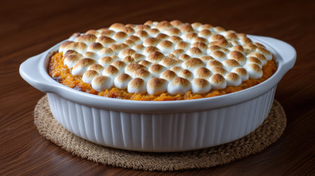 A mouthwatering sweet potato casserole topped with toasted fluffy marshmallows, perfect for Thanksgiving and holiday celebrations, served warm.の素材