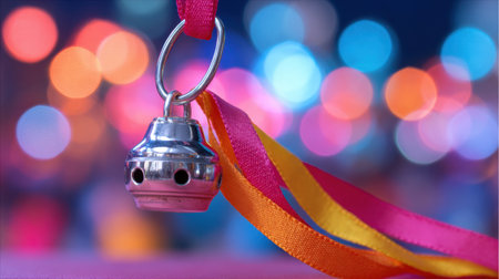 This image features a silver bell charm adorned with colorful ribbons, set against a beautifully blurred backdrop of vibrant lights, creating a festive atmosphere.の素材