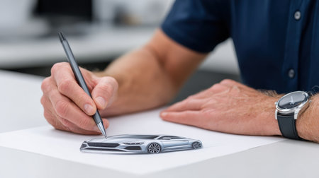 A skilled designer illustrates the creative process of car design, capturing the meticulous details of a modern vehicle sketch on paper. This artwork showcases the intersection of creativity and technology.の素材