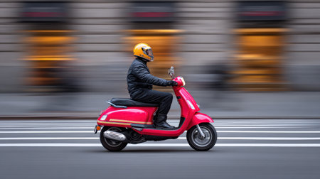 A vibrant pink scooter zips through an urban street, showcasing a rider in a yellow helmet. The blurred background enhances the sense of speed and motion, embodying the thrill of city commuting and carefree adventure.の素材