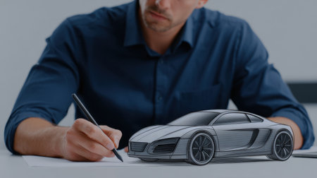 A focused man sketching a car design in a stylish office, juxtaposed with a 3D illustration of a sleek sports car showcasing creativity and talent.の素材