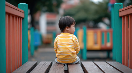 A young child sits thoughtfully on a wooden playground deck, wearing a striped shirt, enjoying the vibrant atmosphere of outdoor playtime and leisure.の素材