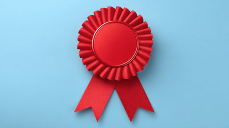 A striking red award ribbon set against a soft blue background, symbolizing achievement, recognition, and success in various competitions and events.の素材