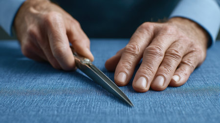 A close-up view of skilled hands using scissors to cut blue fabric on a table, highlighting the precision and care involved in tailoring or crafting projects.の素材