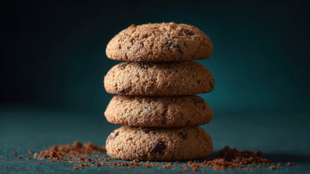 A visually appealing stack of freshly baked chocolate chip cookies on a dark background, showcasing their tempting texture and inviting colors.の素材