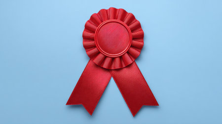 A bright red award ribbon resting flat against a light blue background, symbolizing victory and recognition in various celebrations and achievements.の素材