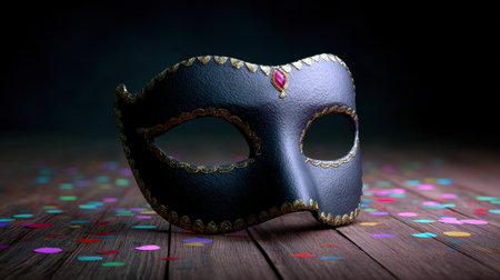 A sophisticated black masquerade mask rests on a wooden surface, surrounded by vibrant colorful confetti, perfect for enhancing festive party atmospheres.の素材