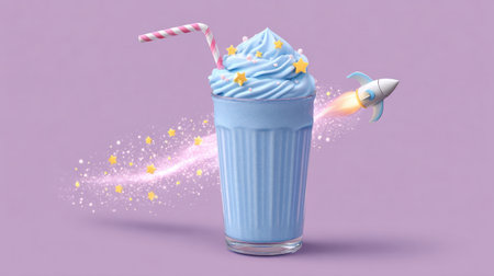 This delightful milkshake features a dreamy blue cream topped with stars and a playful rocket, perfect for evoking joy and creativity in any design project.の素材
