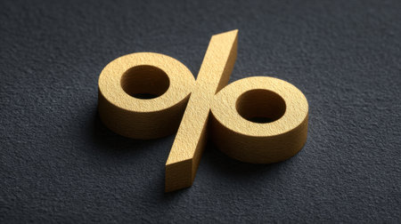 This striking 3D rendering showcases a gold percentage symbol on a dark textured surface, ideal for concepts in finance and marketing. The elegant design emphasizes modern financial themes.の素材