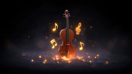 A stunning violin radiates enchantment, surrounded by luminous musical notes and sparkles, creating a captivating atmosphere of artistic expression.の素材