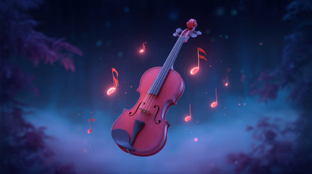 A captivating image of a floating violin surrounded by shimmering musical notes set against a mystical forest backdrop, evoking feelings of magic and inspiration.の素材