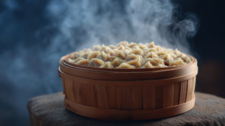 A traditional bamboo basket filled with freshly steamed dumplings emits tantalizing steam, creating a warm ambiance perfect for culinary delights.の素材