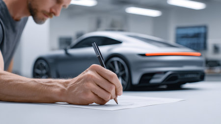A professional artist sketches a vehicle concept in a modern workshop, focusing on design elements with a sleek car in the background, showcasing creativity.の素材