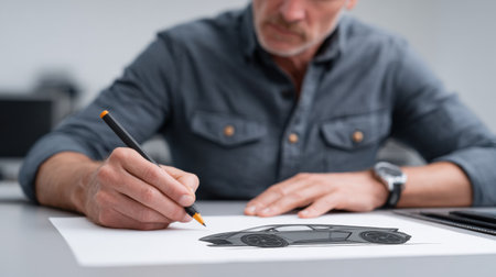 A talented designer engaged in sketching a luxury sports car concept on paper, capturing details with precision in a modern workspace environment.の素材