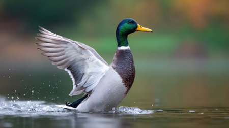 A stunning mallard duck spreads its wings while swimming in calm water, showcasing vibrant feathers and the beauty of nature in a serene environment.の素材