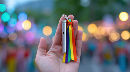 A vibrant keychain featuring a silver whistle adorned with a colorful tassel is held in a hand, set against a bright, lively background filled with lights.の素材