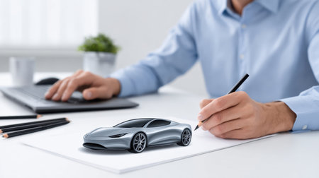 A man is focused on sketching a sleek silver sports car concept on paper, surrounded by drawing tools and a laptop, showcasing creativity in design.の素材
