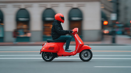 A vibrant red scooter zooms through an urban landscape, showcasing a stylish rider in a bright helmet, encapsulating the spirit of adventure and modern lifestyle.の素材