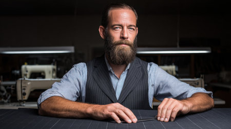 A serious portrait of a male tailor in a workshop setting, showcasing his craftsmanship and professionalism against a backdrop of sewing machines and fabric.の素材