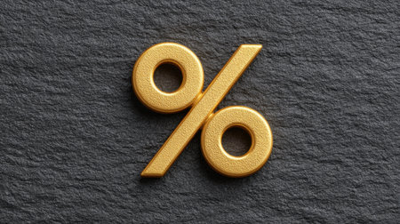 This image showcases a golden percentage sign set against a dark stone background, perfect for finance-related themes and promotional campaigns.の素材
