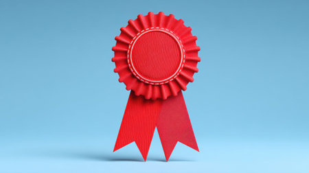 A vivid red award ribbon featuring a textured surface, set against a smooth blue background, perfect for themes of recognition and achievement.の素材