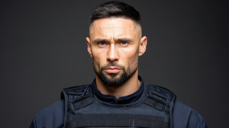 This striking portrait features a strong and confident man wearing tactical gear, conveying intensity and determination against a dark backdrop.の素材