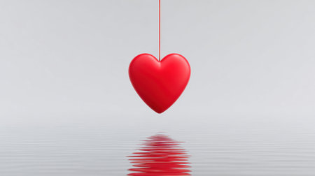 A striking red heart hangs delicately above a smooth water surface, creating a serene reflection. This minimalistic image evokes emotions of love and romance, perfect for themes around affection and connection. The calm water and soft light enhance the visual appeal, making it ideal for various creative projects.の素材