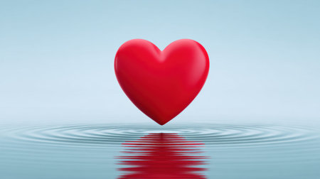 A vibrant red heart symbol floats gracefully on a tranquil water surface, creating gentle ripples and captivating reflections against a calm blue background.の素材