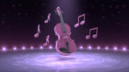 This captivating image features a vibrant pink violin surrounded by floating musical notes, set against a soft-lit stage backdrop, evoking creativity and emotion.の素材