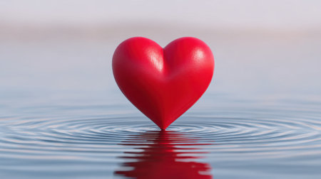 A vivid red heart symbol gracefully floats on a tranquil water surface, creating gentle ripples under soft light, evoking feelings of love and serenity.の素材