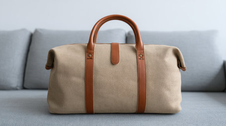 This image features an elegant canvas travel bag with leather straps, placed stylishly on a modern sofa, enhancing the chic atmosphere of the living room.の素材