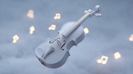 A stunning white violin suspended gracefully in a dreamy environment, surrounded by floating musical notes, evoking a sense of harmony and creativity.の素材