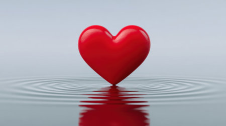 This image features a shiny red heart symbol floating on calm water, creating gentle ripples, reflecting light, and conveying love and tranquility.の素材