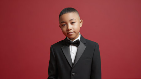 A dapper young boy in a black suit and bow tie stands confidently against a red backdrop. The image captures elegance and youthful charm perfectly.の素材