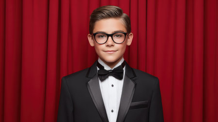 A young boy dressed in a classic tuxedo with a bow tie and glasses stands confidently in front of rich red drapery, embodying elegance and style.の素材