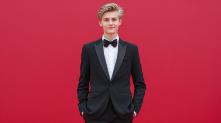 A young man dressed in a classic black tuxedo stands confidently against a vibrant red backdrop. This stylish portrait captures elegant fashion and youthful charm in a formal setting.の素材