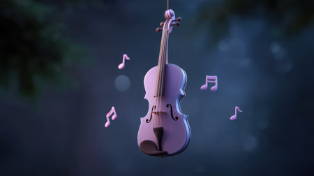 A charming pink violin hangs delicately against a softly lit forest background, surrounded by whimsical musical notes that evoke a sense of tranquility and creativity.の素材