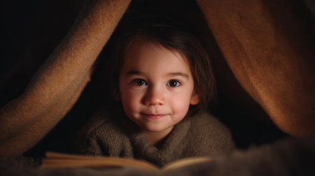 A delightful scene featuring a joyful child reading a book inside a cozy blanket fort, illuminated by soft ambient light. This image captures the essence of imagination and childhood wonder.の素材