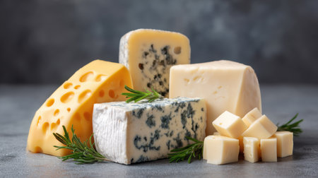 A beautifully arranged selection of artisan cheeses, including blue cheese and cheddar, garnished with fresh herbs. Perfect for food enthusiasts.の素材